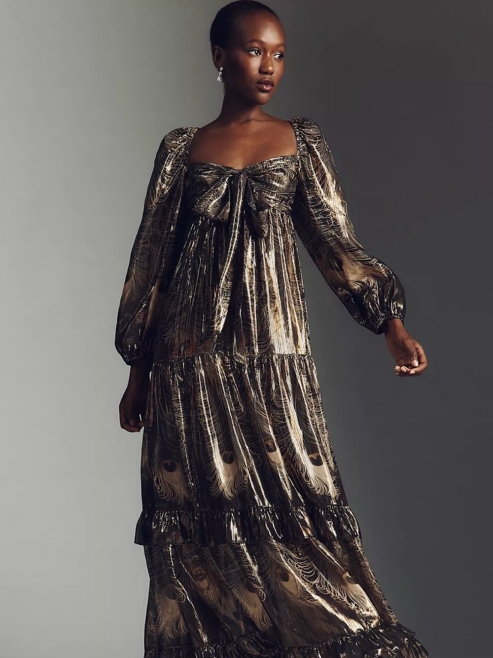 BY ANTHROPOLOGIE LONG-SLEEVE METALLIC BABYDOLL MIDI DRESS